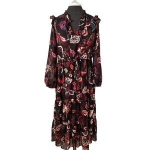 Maia Anthropologie Floral Chiffon Midi Dress Ruffle Hem Neck M